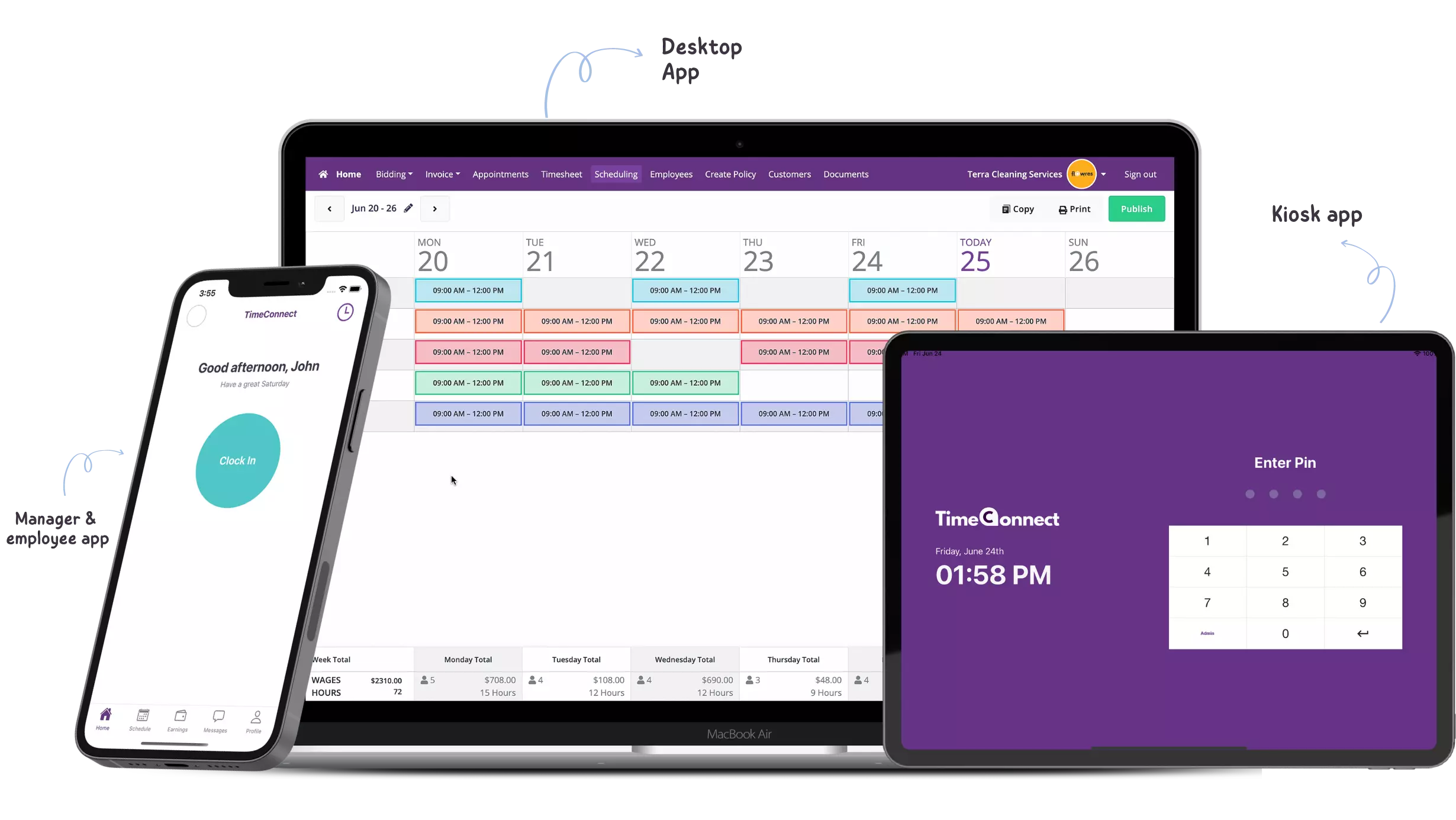 TimeConnect comes with suits of cleaning business apps including employee kiosk app, manager app, employee app and TimeConnect dashboard where manager can create bidding proposals and manage employee timesheets.